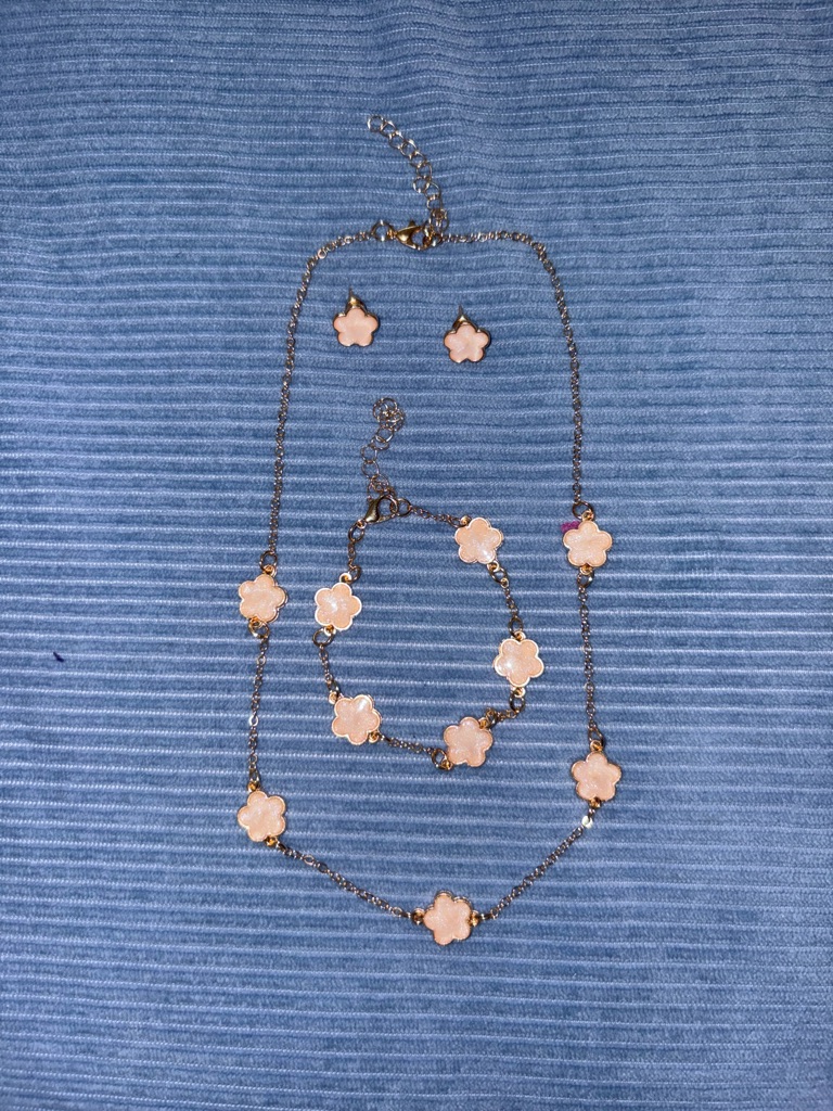 Delicate Pink Flower Necklace Bracelet Earring Set 45$